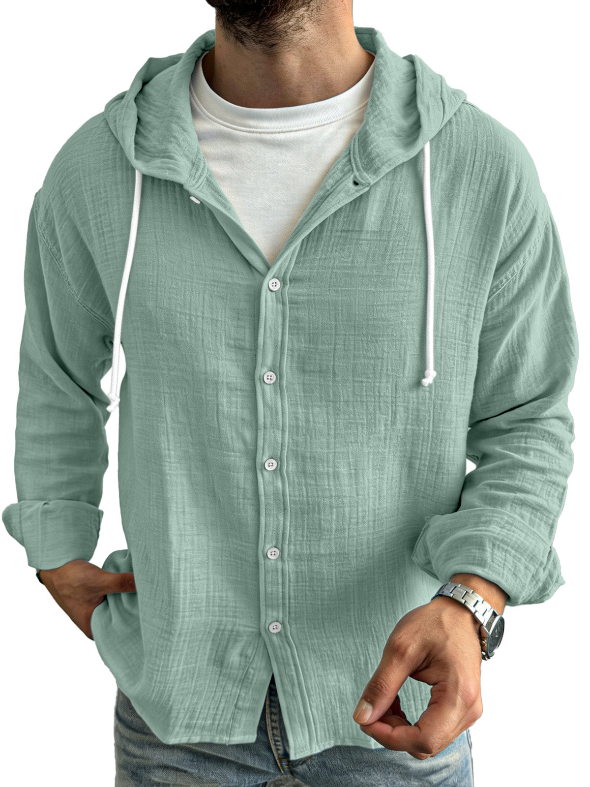Men's simple casual comfortable loose buttoned hooded long sleeve shirt