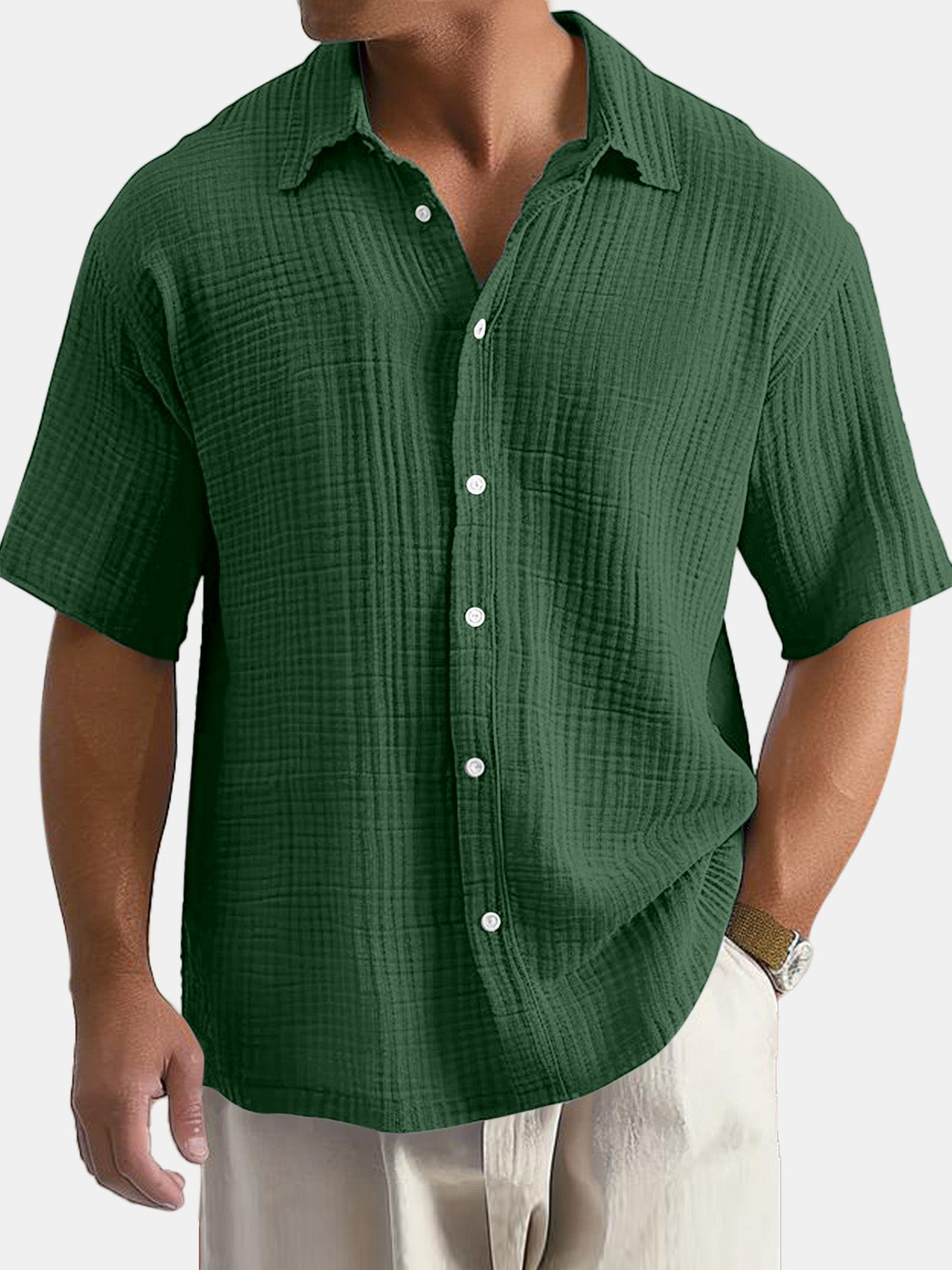 Men's Cotton Hawaiian Summer Comfortable Solid Color Short Sleeve Shirt