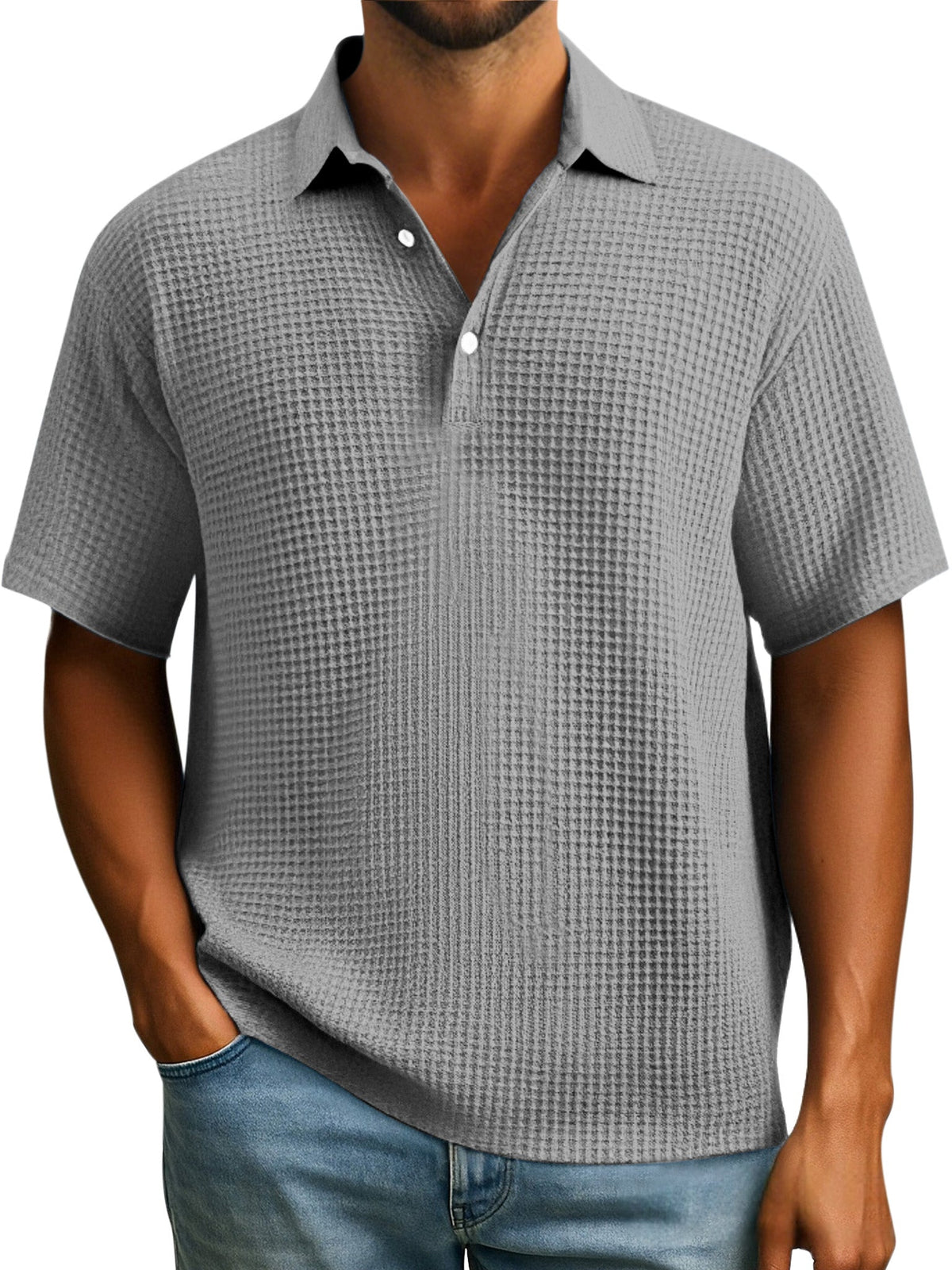 Men's Simple Everyday Solid Color Waffle Button Lapel Short Sleeve Polo Shirt