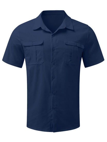 Mokaloha-Men's Solid Color Double Pocket Cotton Linen Casual Short Sleeve Shirt