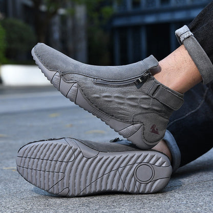 Men’s Genuine Leather Zipper Boots – Casual Slip-On High-Top Boots
