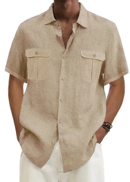 Mokaloha-Men's Solid Color Double Pocket Cotton Linen Casual Short Sleeve Shirt