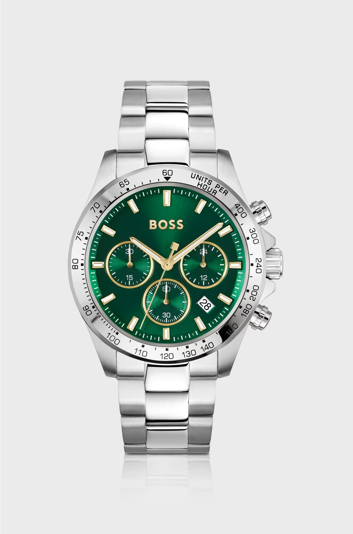 SILVER-TONE CHRONOGRAPH WATCH WITH GREEN DIAL